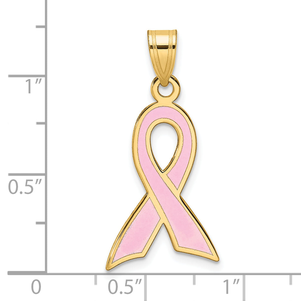 14K Gold Pink Enameled Awareness Ribbon Pendant  Polished, Solid Design