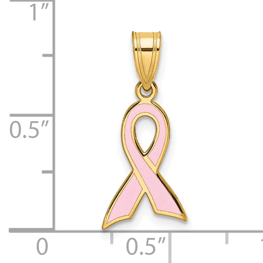 14K Gold Pink Enameled Awareness Ribbon Pendant  Polished & Solid