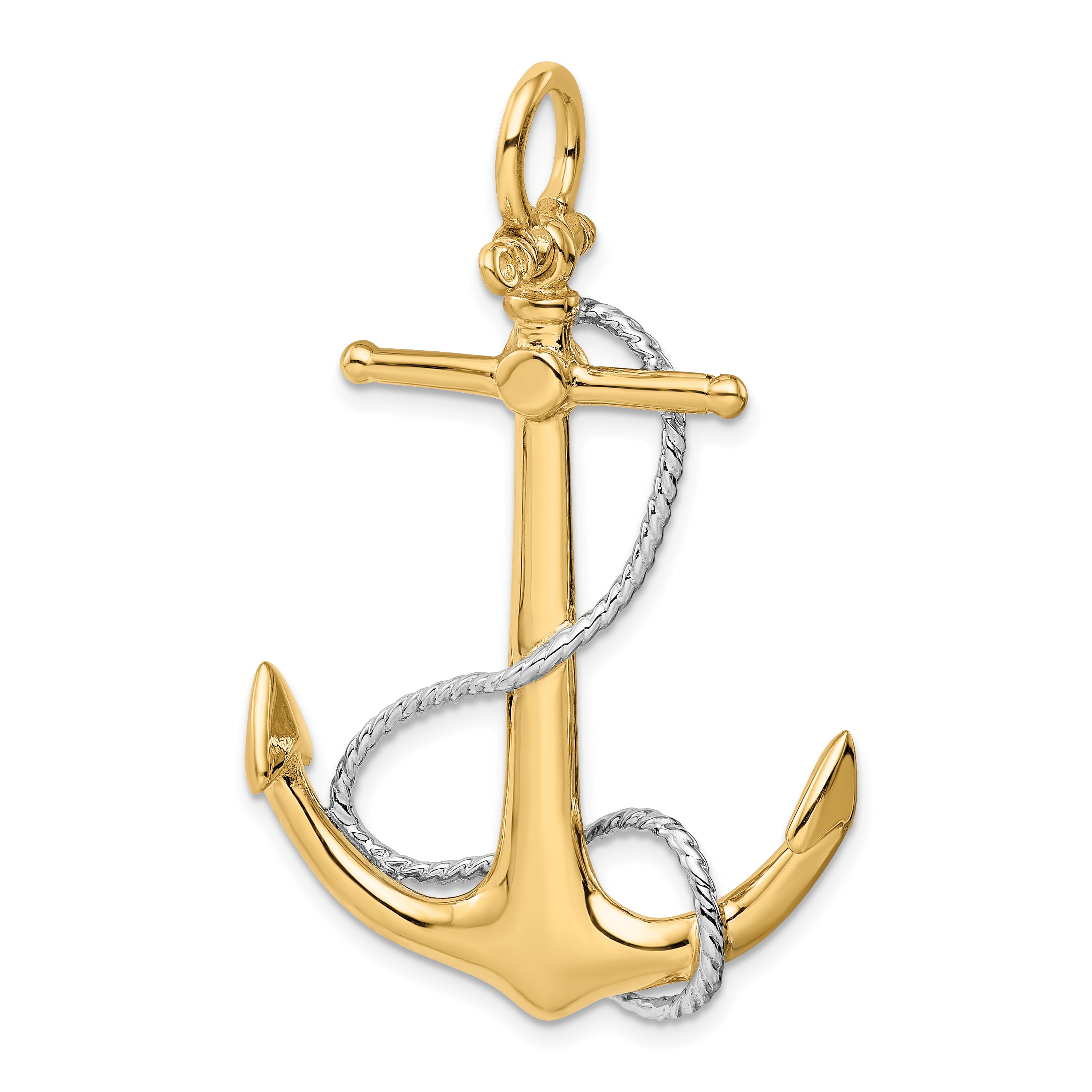 14K Two-Tone Gold 3D Anchor Pendant with Rope Accent for Men