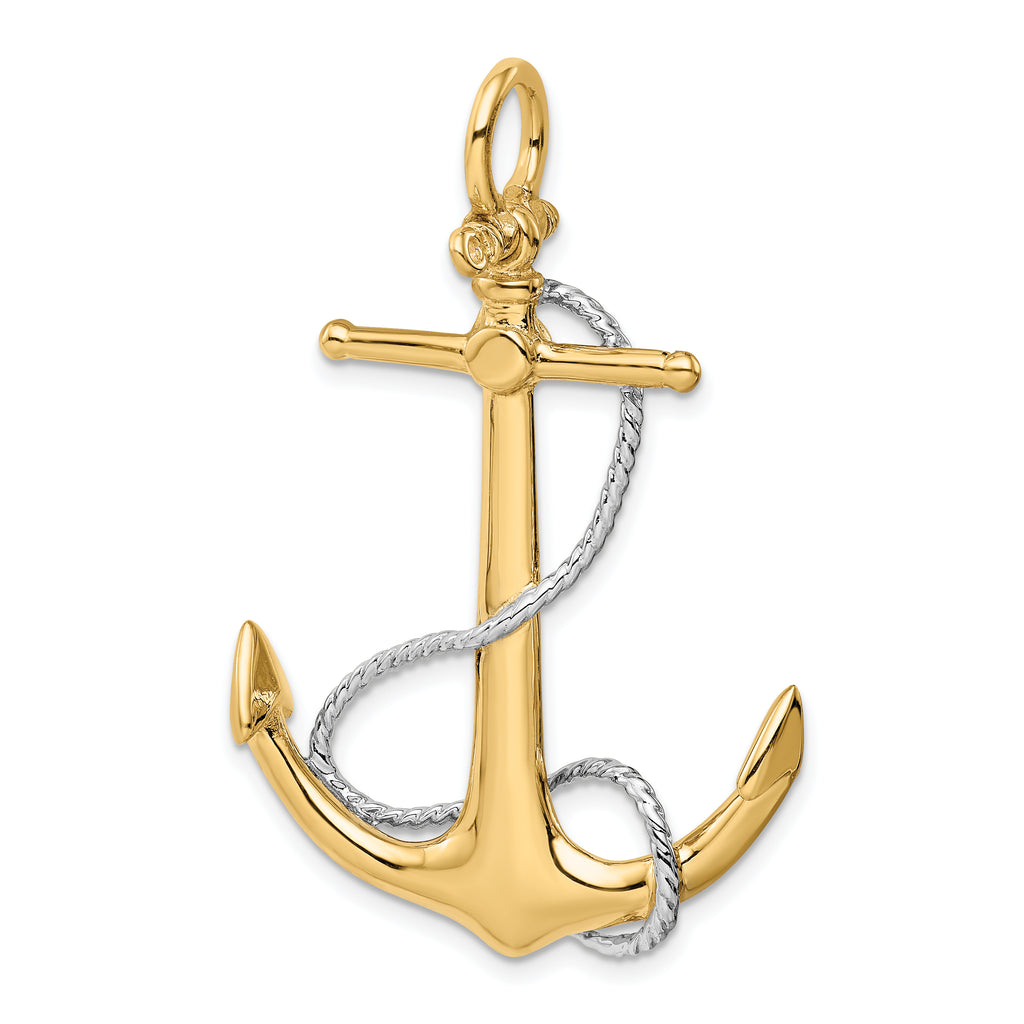 14K Two-Tone Gold 3D Anchor Pendant with Rope Accent for Men