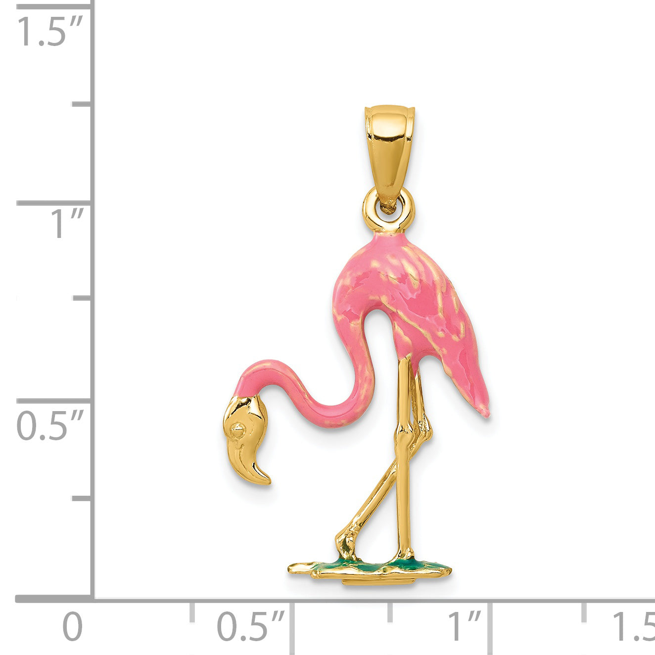 14K Gold Enameled 3D Pink Flamingo Pendant Polished Finish