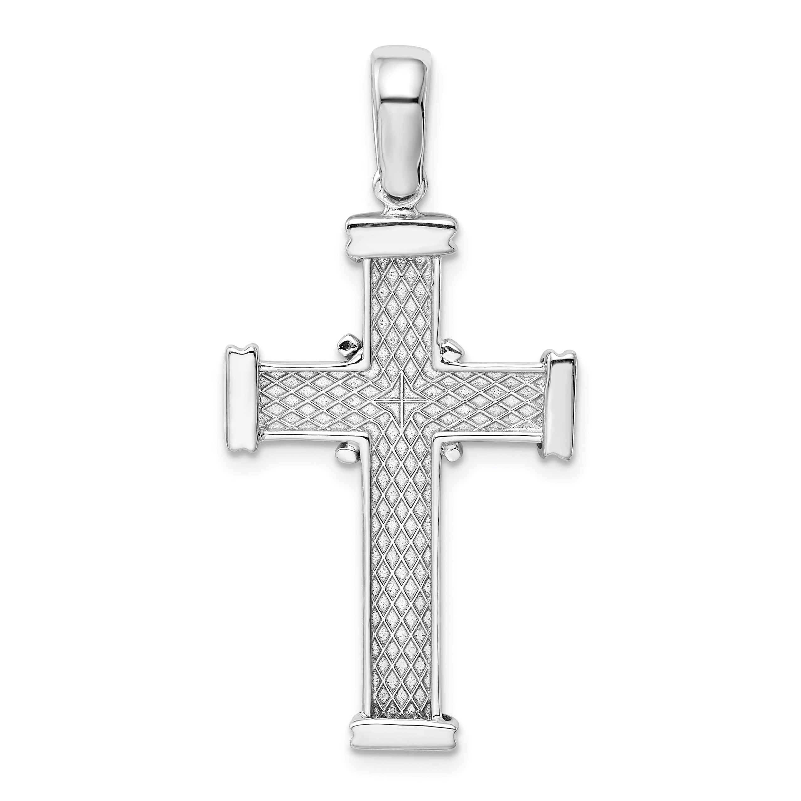 14K White Gold Latin Cross Pendant with Polished Finish and Textured Back