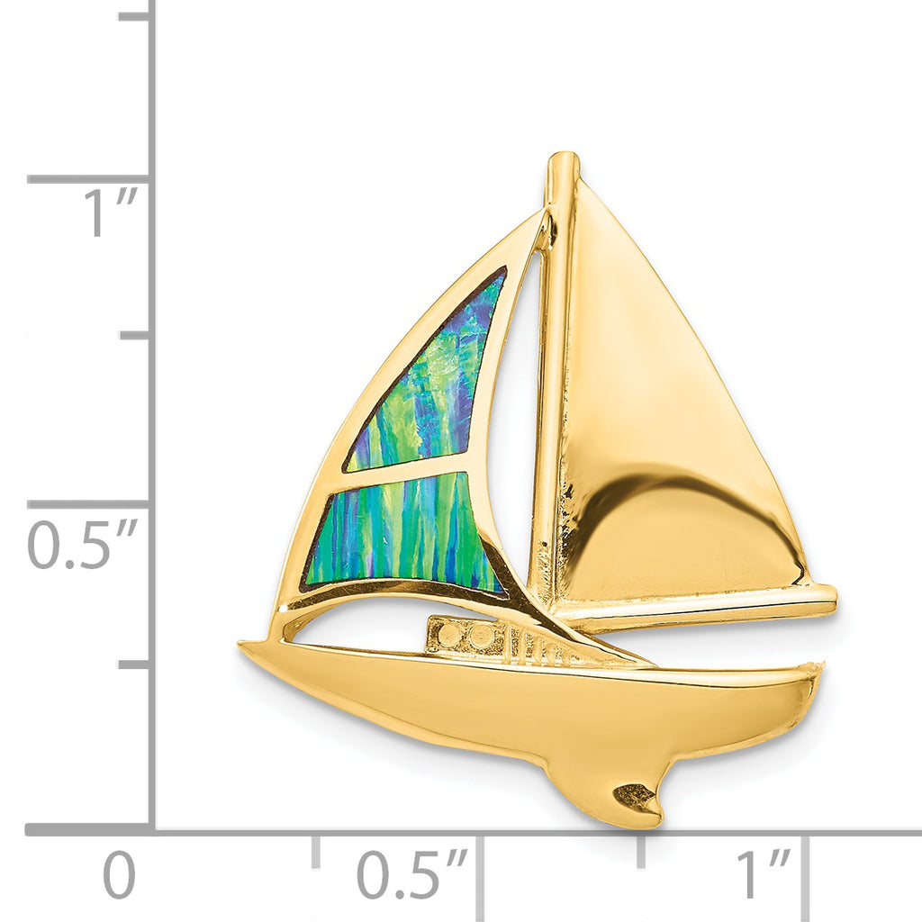 14K Gold Sailboat Slide Pendant with Lab-Created Opal Polished, Solid Craftsmanship