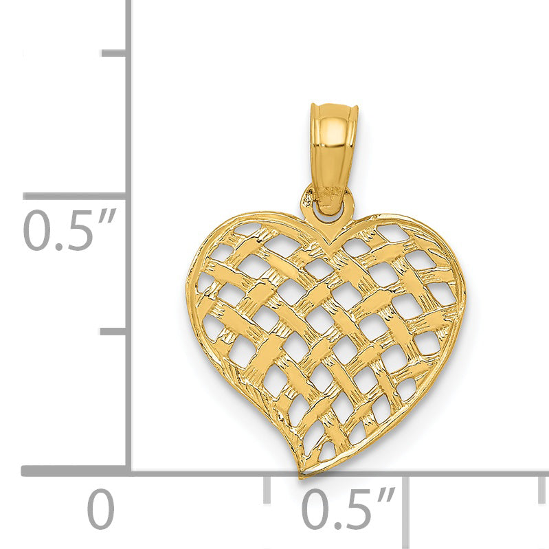 14K Gold Polished Basket Weave Heart Pendant Elegant and Solid Design