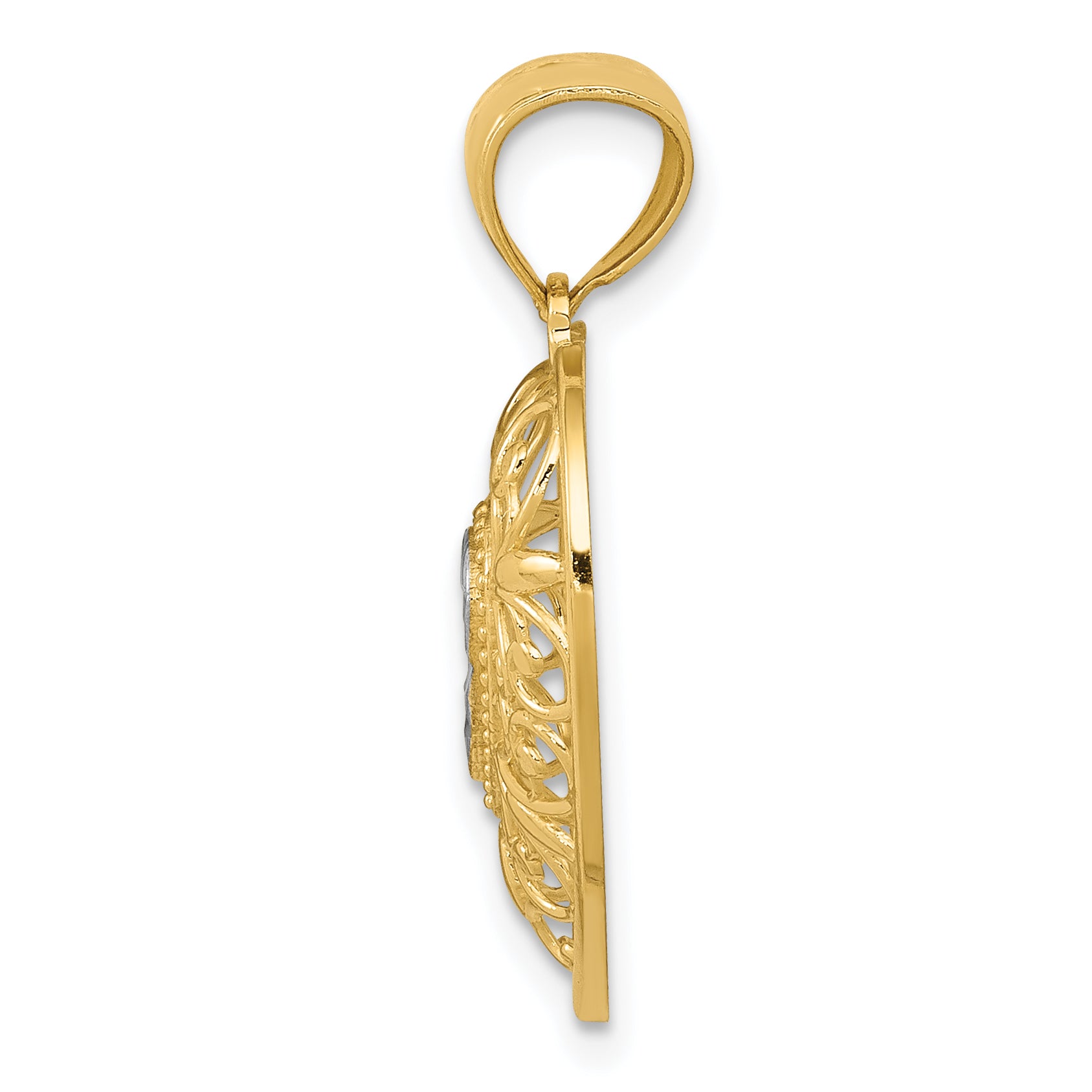 14K Gold and White Rhodium Filigree Heart Pendant, Polished Diamond-Cut Elegant Design