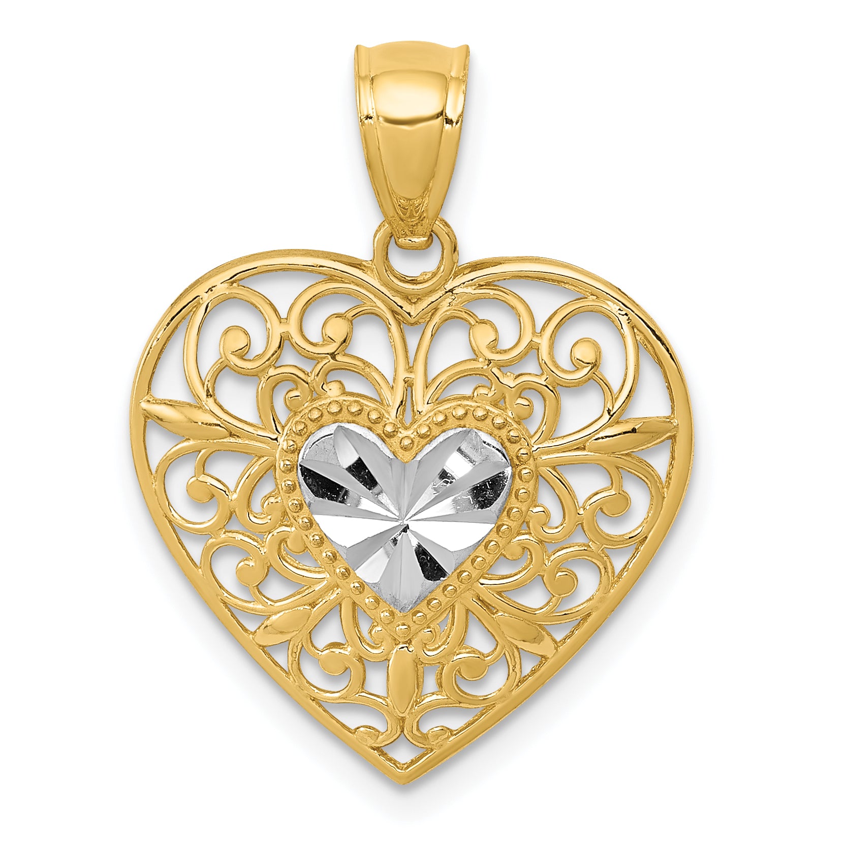 14K and White Rhodium Polished Diamond-cut Filigree Heart Pendant Main image