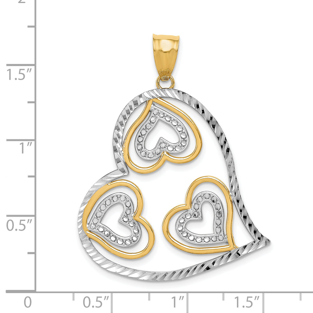 14K Gold Heart Pendant with Rhodium Accents and Polished Finish