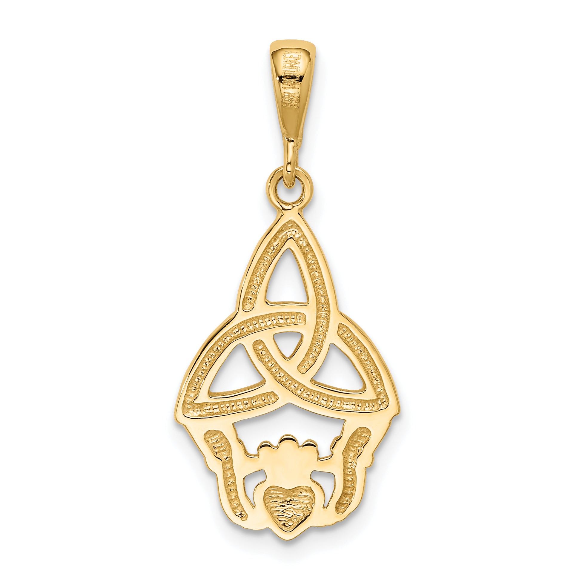 14K Gold Rhodium Plated Diamond-Cut Claddagh Pendant Elegant Polished Finish