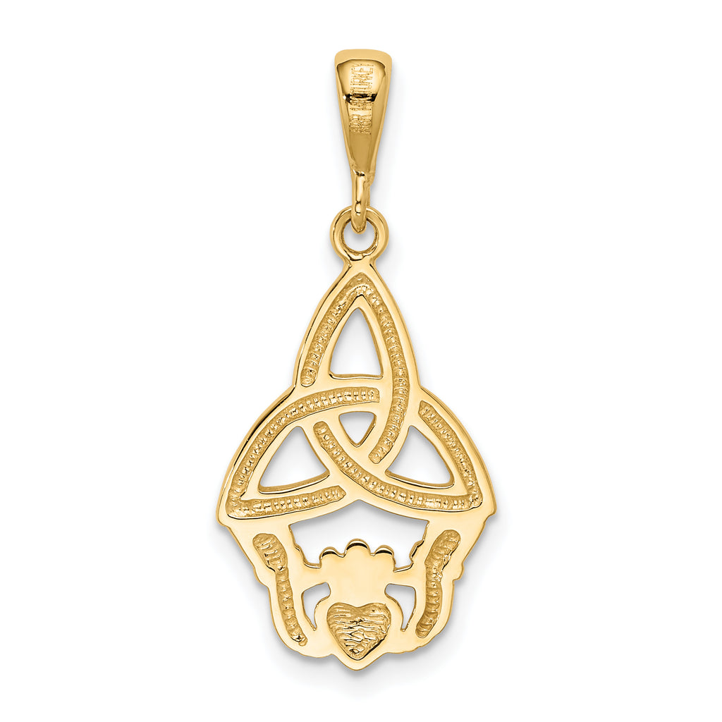 14K Gold Rhodium Plated Diamond-Cut Claddagh Pendant Elegant Polished Finish