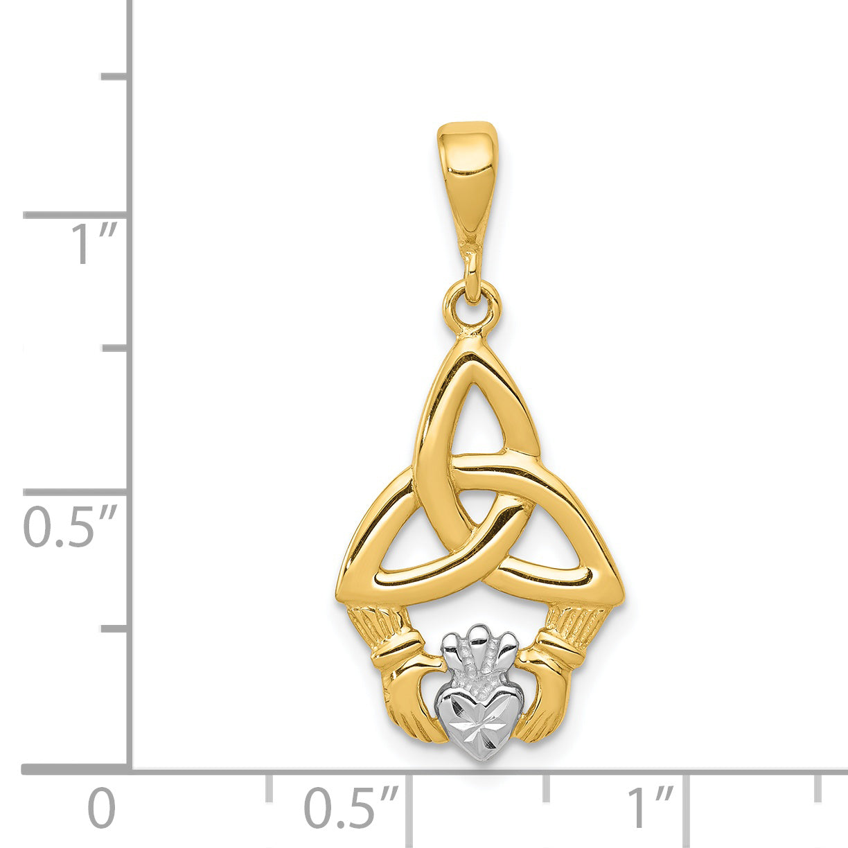 14K Gold Rhodium Plated Diamond-Cut Claddagh Pendant Elegant Polished Finish