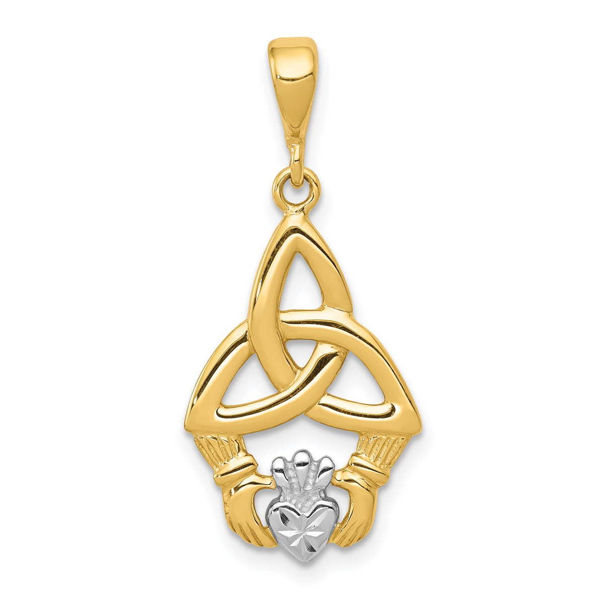 14K Rhodium Diamond-cut Claddagh Pendant