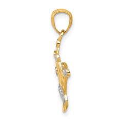 14K Gold and Rhodium Crown Pendant with Polished Diamond-Cut Design for Men