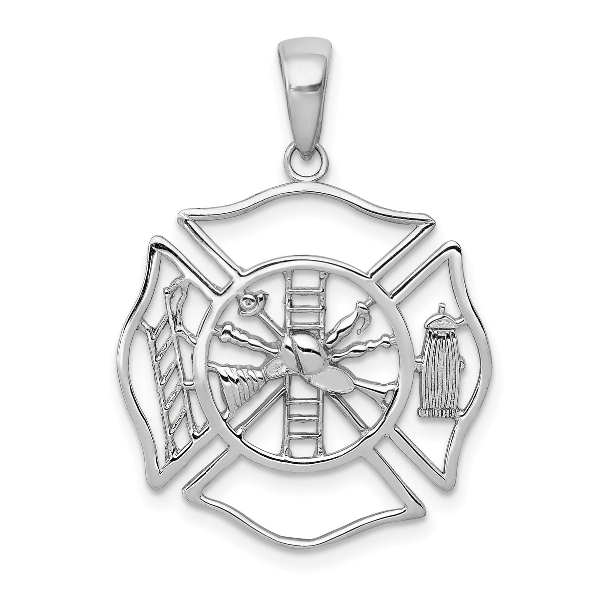 14K White Gold Fireman Shield Charm Solid Casted with Rhodium Finish