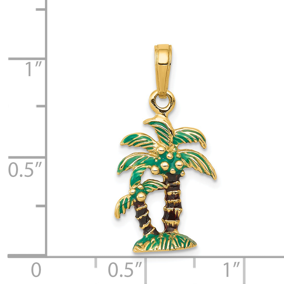 14K Gold 3D Enamel Palm Trees Pendant with Green and Brown Accents