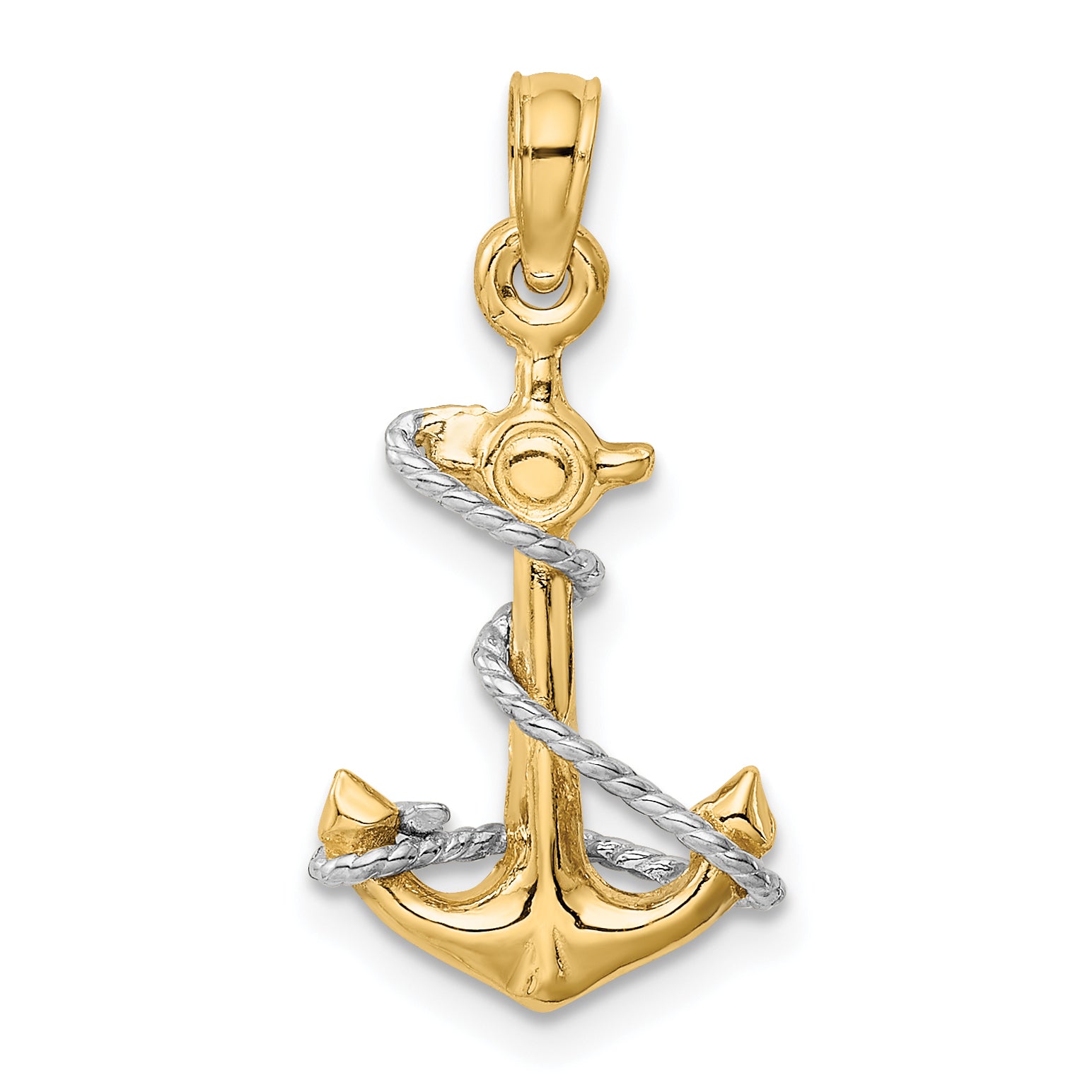 14K Two-Tone 3D Anchor Pendant with Rope for Men  Solid Gold