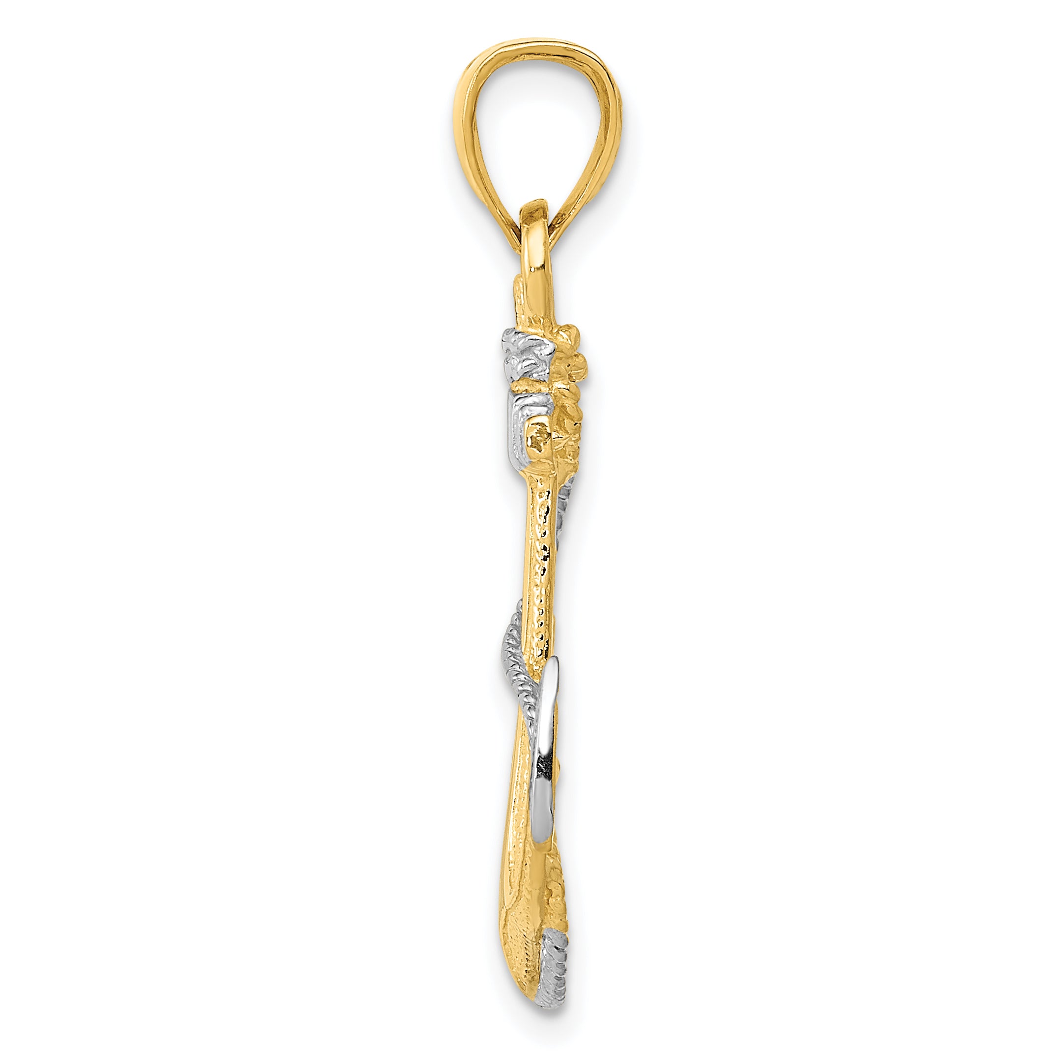 14K Gold & Rhodium Anchor Pendant with Rope Detail for Men