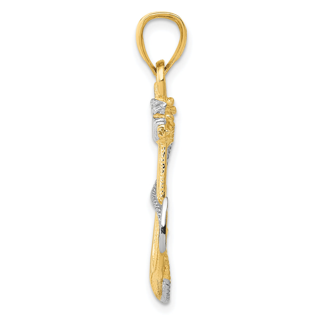 14K Gold & Rhodium Anchor Pendant with Rope Detail for Men