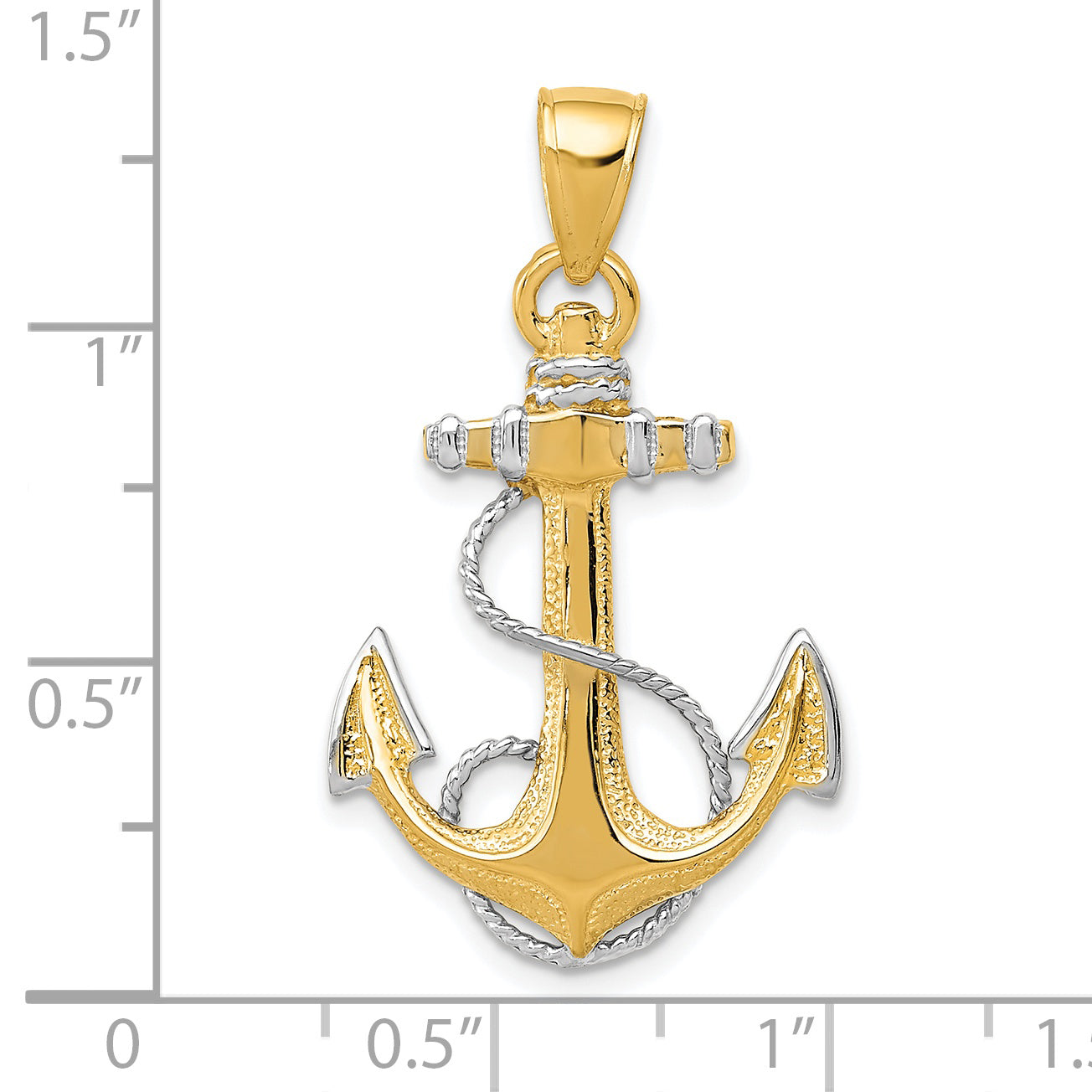 14K Gold & Rhodium Anchor Pendant with Rope Detail for Men