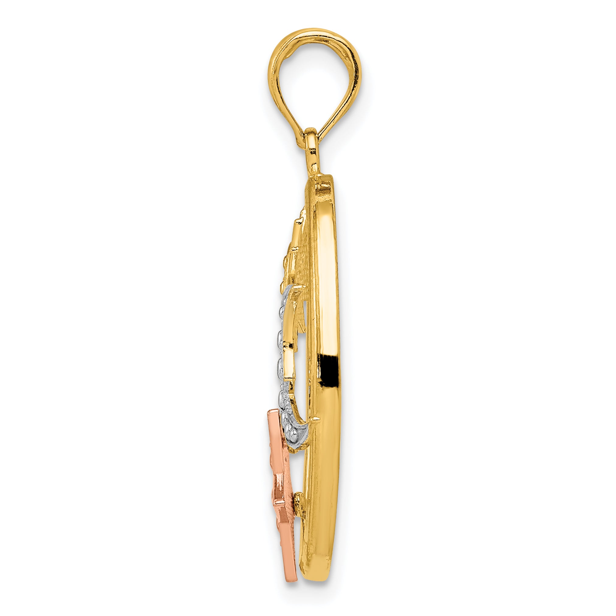 14K Two-Tone Gold Oval Pendant with White Rhodium Sun, Moon, and Star Design Secondary image