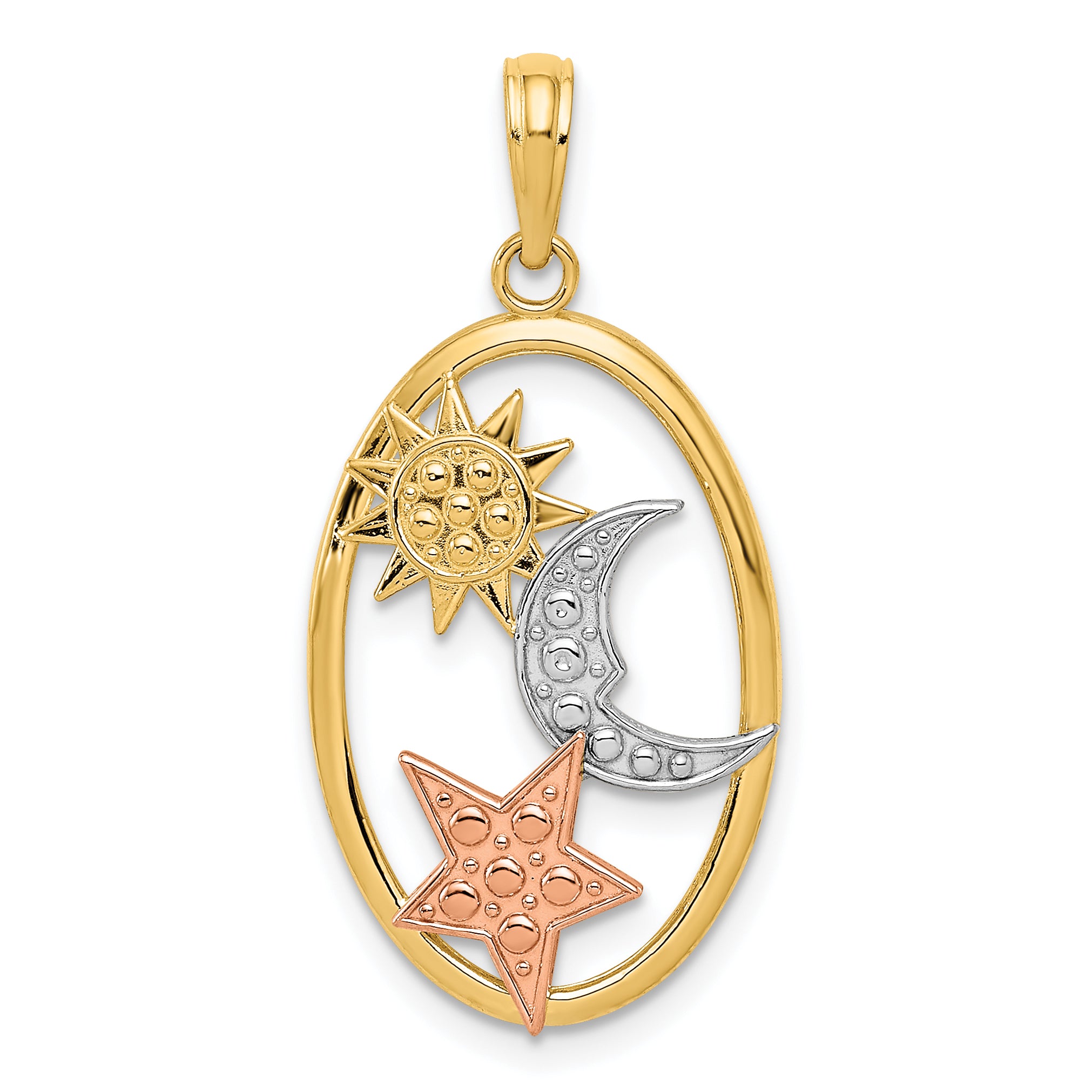 14k Two-tone w/White Rhodium Sun, Moon and Star Oval Pendant Main image