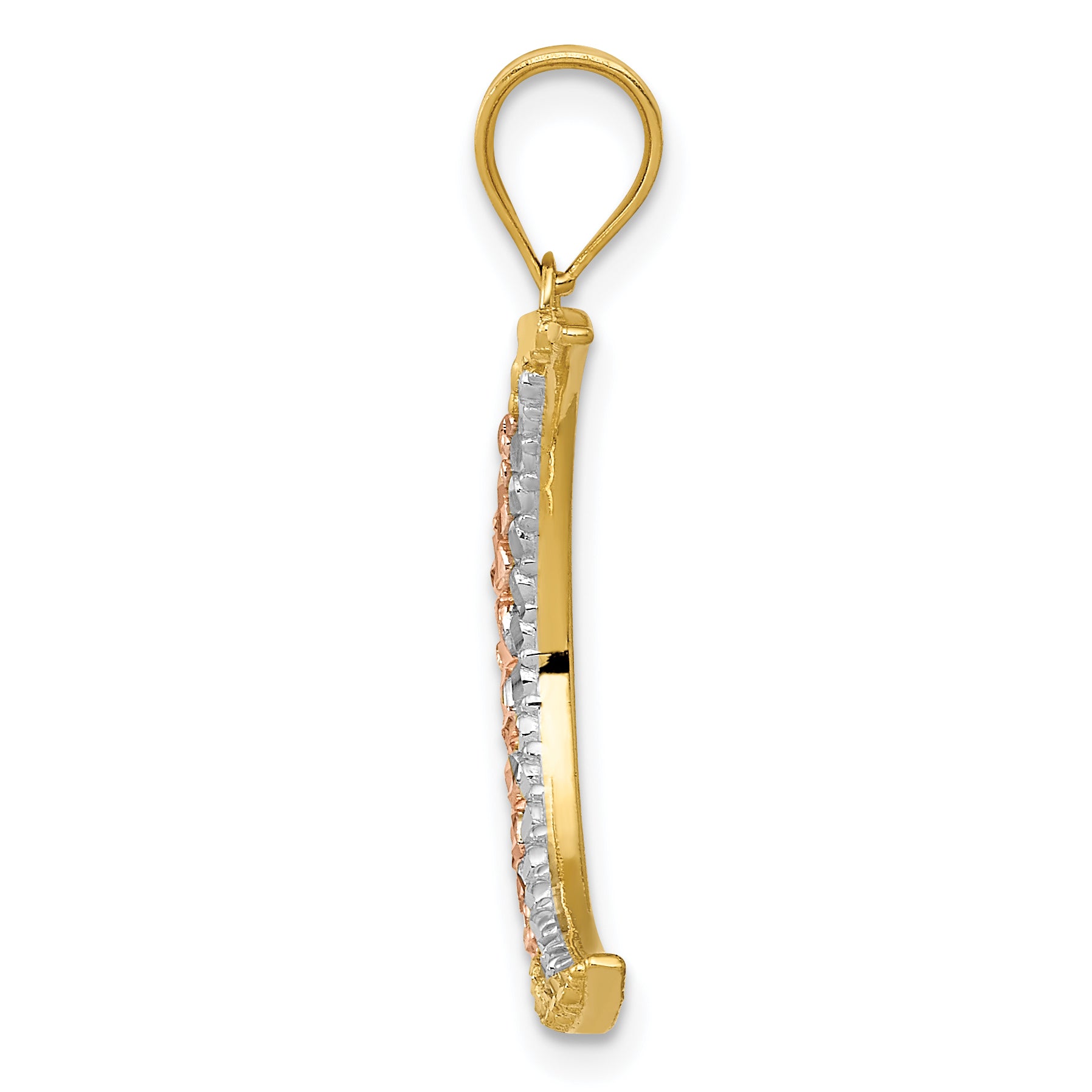 14K Two-Tone Gold Moon Pendant with White Rhodium Diamond-Cut Design