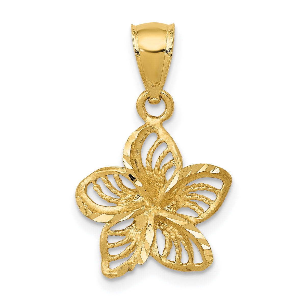 14K Gold Diamond-Cut Plumeria Flower Charm with Polished Beaded Design