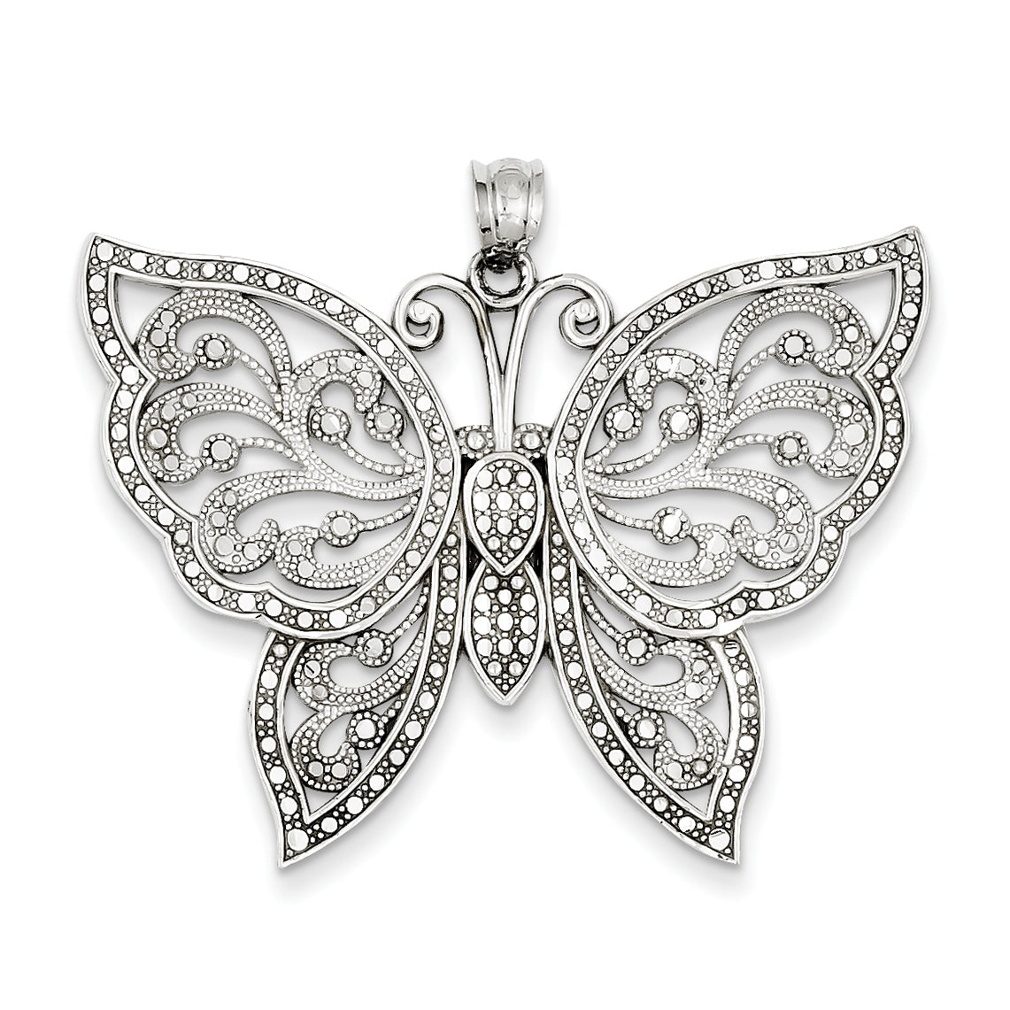 14K White Gold Diamond-Cut Beaded Butterfly Charm with Rhodium Finish
