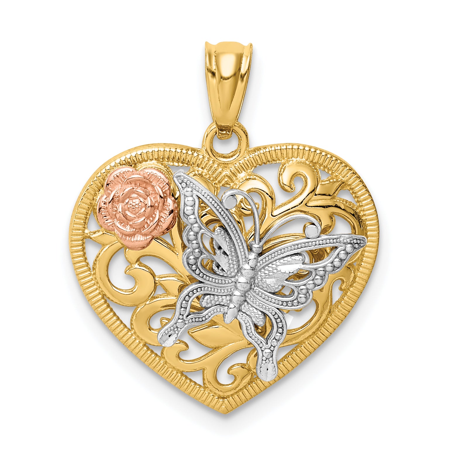14k Tri color Butterfly Heart Pendant Main image