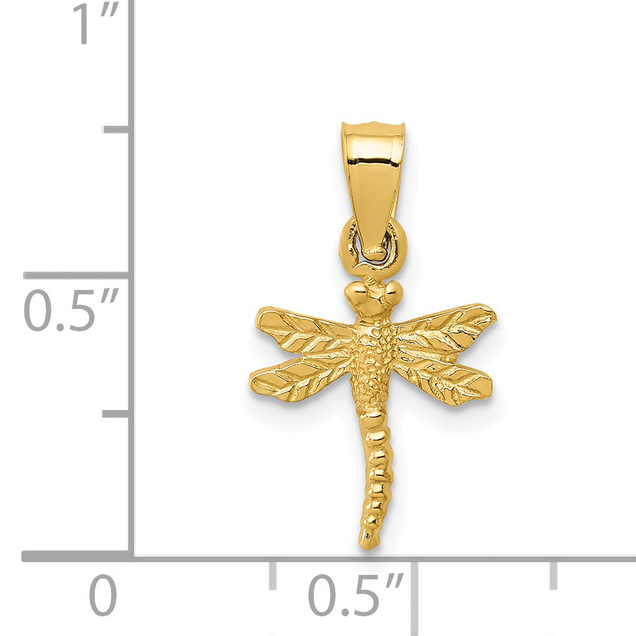 14K Yellow Gold Dragonfly Pendant with Polished Finish and Textured Design
