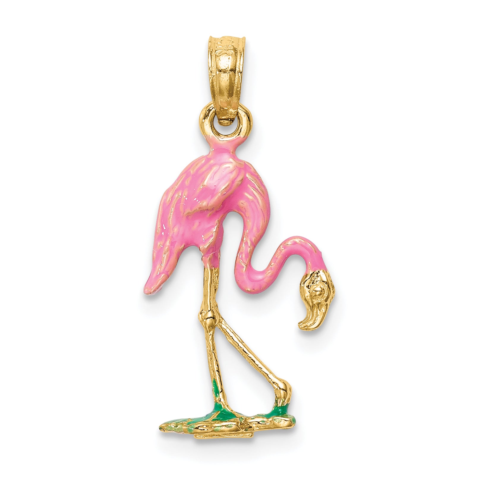 14K Gold Enameled Flamingo Pendant with Pink Accents  Polished and Elegant