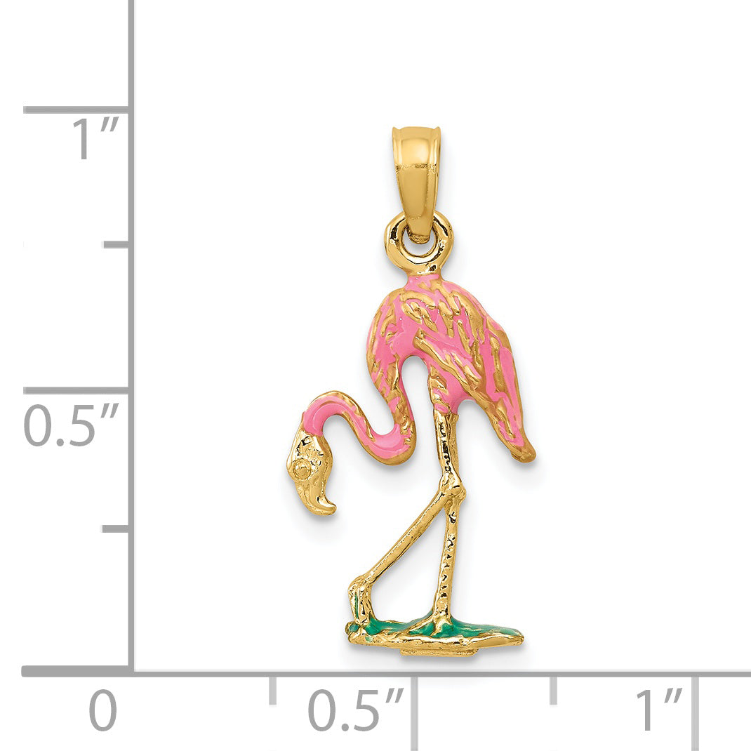 14K Gold Enameled Flamingo Pendant with Pink Accents  Polished and Elegant