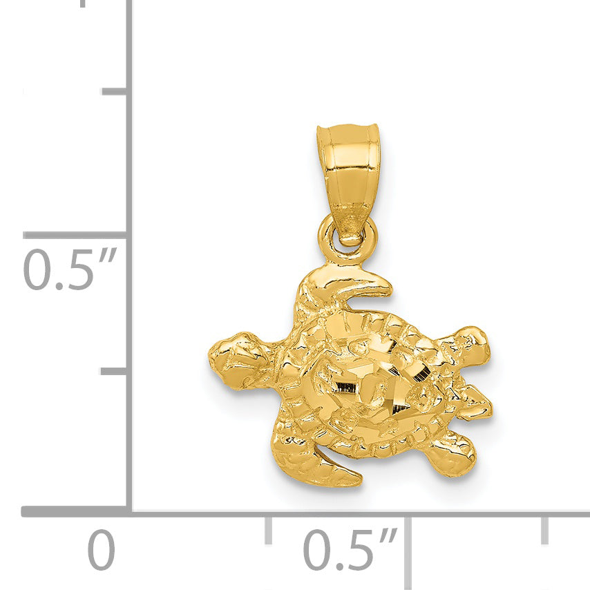 14K Gold Turtle Pendant with Diamond-Cut Detail, Polished Finish