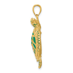 14K Gold 3D Sea Turtle Pendant with Green Enamel Detailing  Polished Finish
