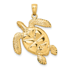 14K Gold 3D Sea Turtle Pendant with Green Enamel Detailing  Polished Finish