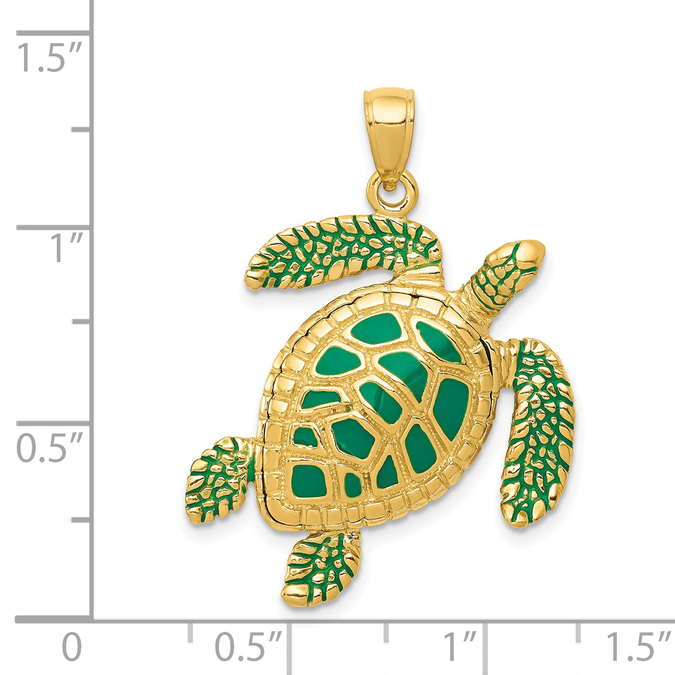 14K Gold 3D Sea Turtle Pendant with Green Enamel Detailing  Polished Finish