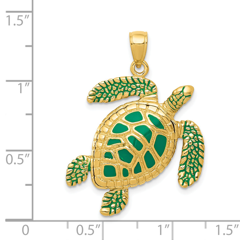 14K Gold 3D Sea Turtle Pendant with Green Enamel Detailing  Polished Finish