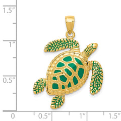 14K Gold 3D Sea Turtle Pendant with Green Enamel Detailing  Polished Finish