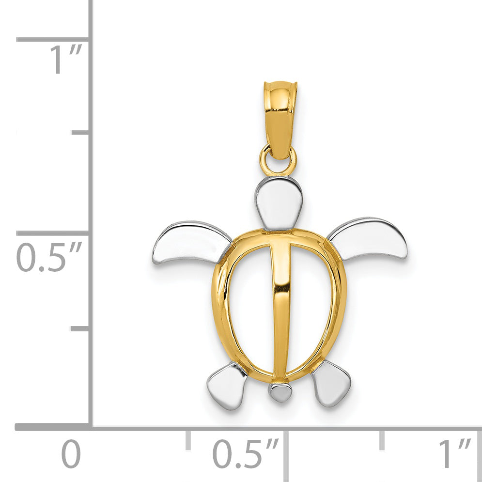 14K Gold and Rhodium Sea Turtle Pendant with Polished Finish