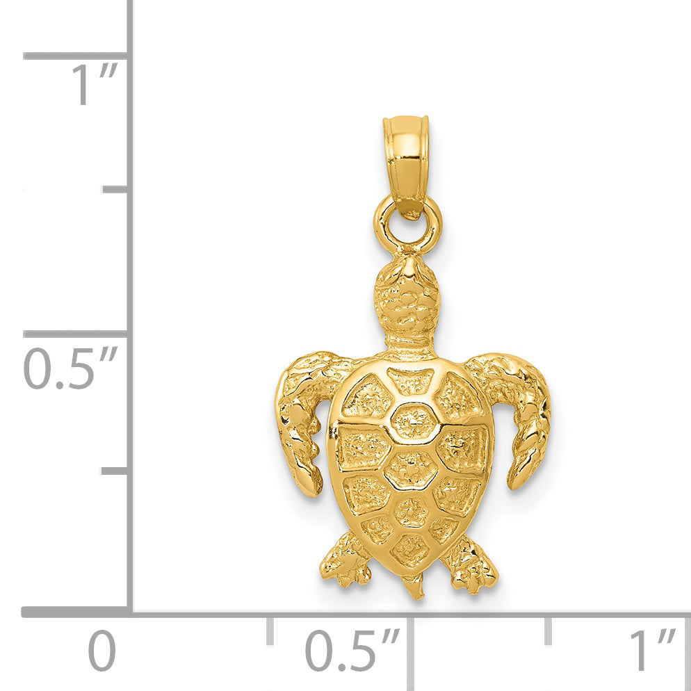 14K Gold Sea Turtle Pendant with Polished Finish and Textured Detail
