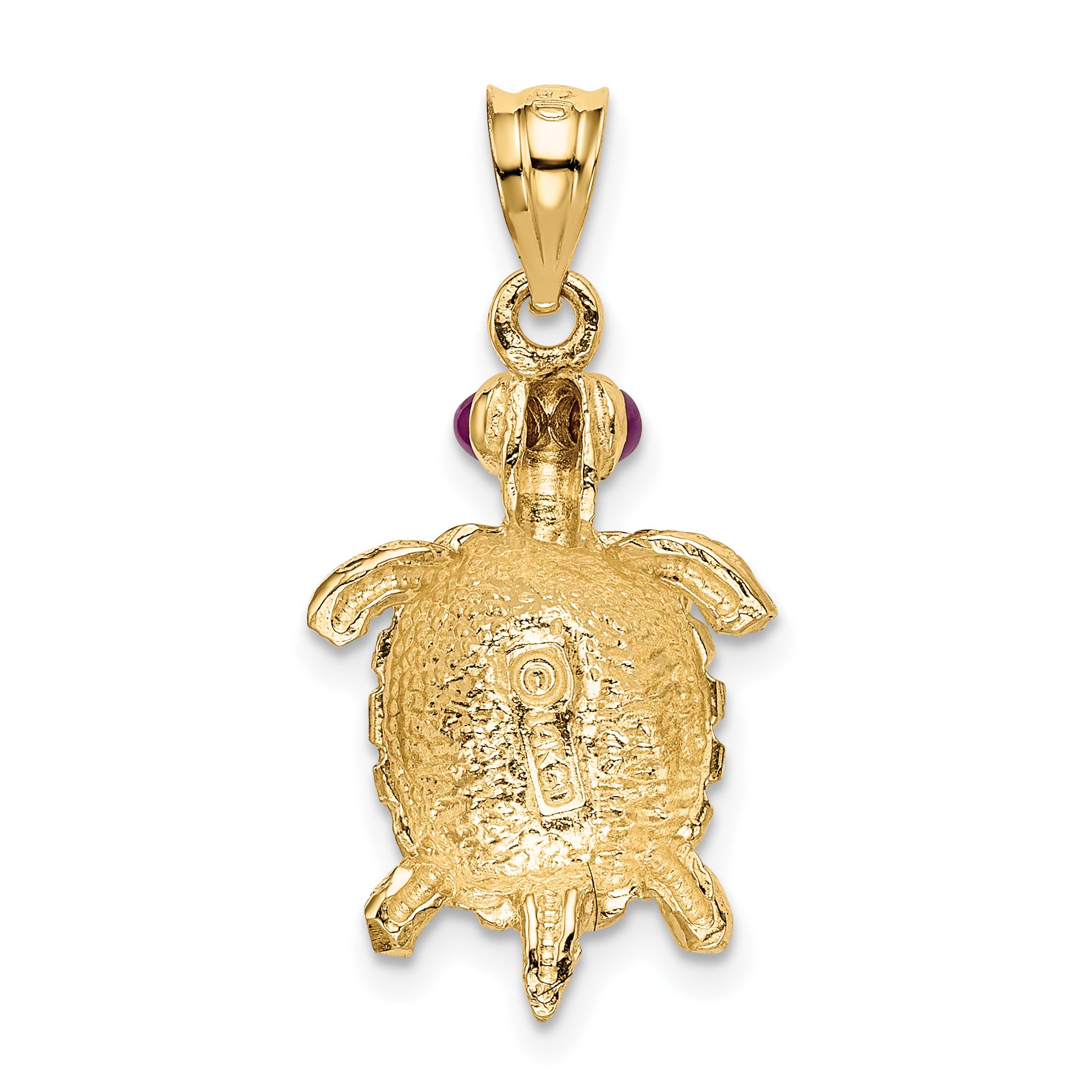 14K Gold Turtle Pendant with Ruby Eyes  Polished & Textured Design
