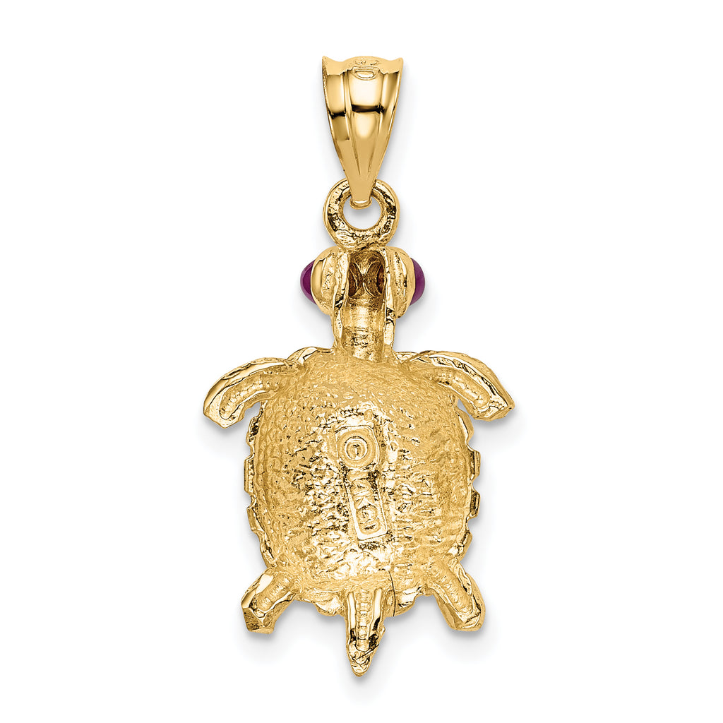 14K Gold Turtle Pendant with Ruby Eyes  Polished & Textured Design