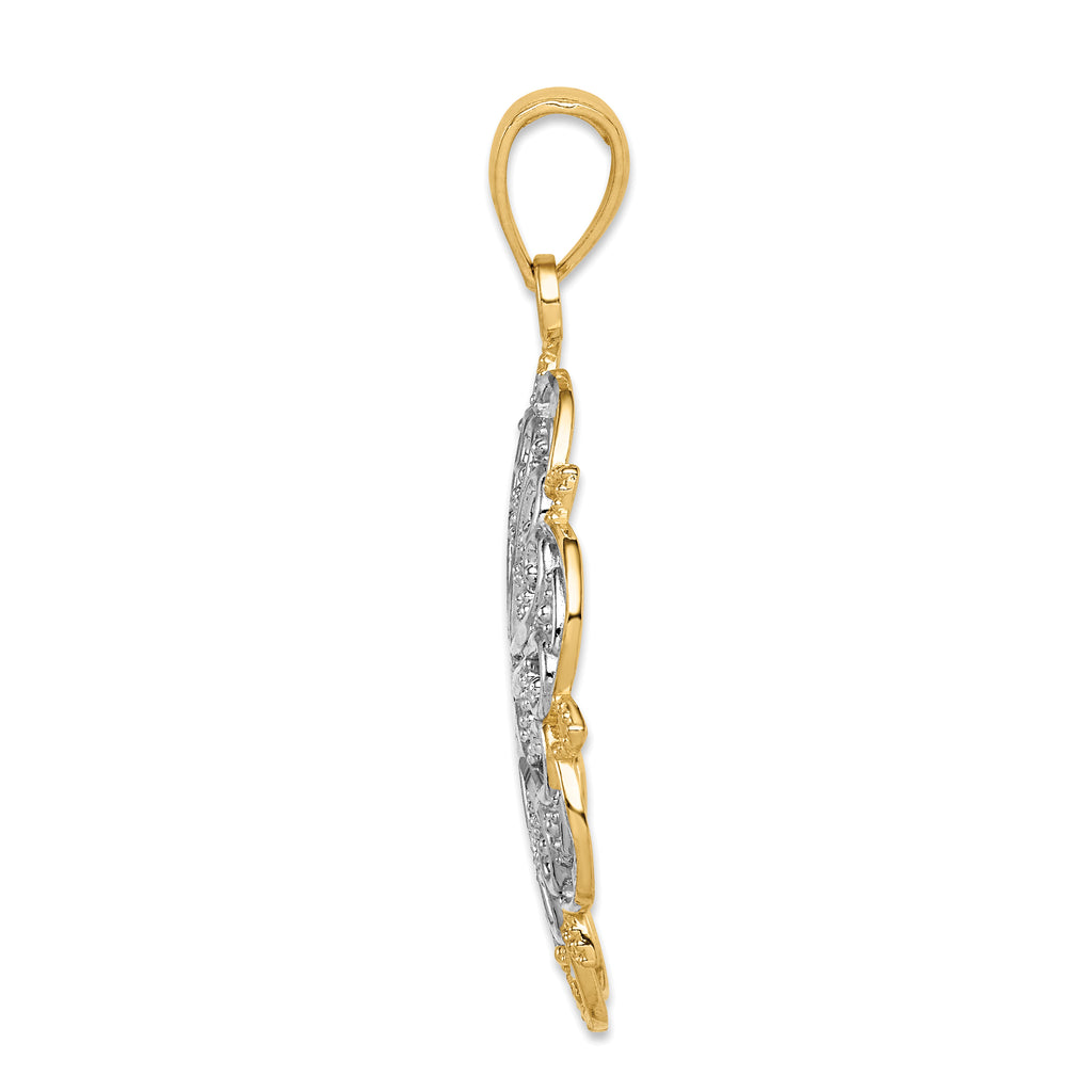 14K Gold Filigree Hearts Pendant with Rhodium Accents and Scalloped Edge