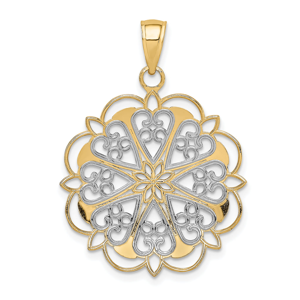 14K Gold Filigree Hearts Pendant with Rhodium Accents and Scalloped Edge