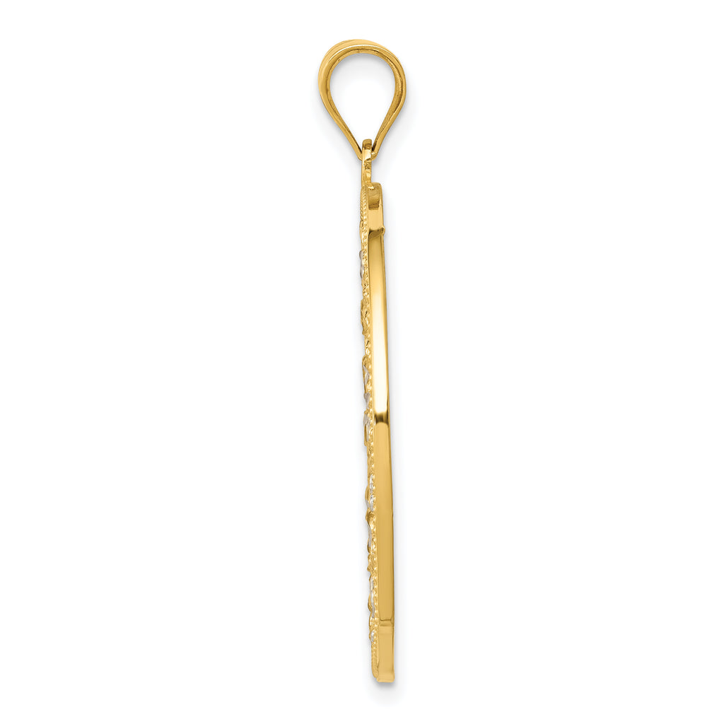 14K Gold and Rhodium Diamond-Cut Circle Pendant, Elegant Textured Design