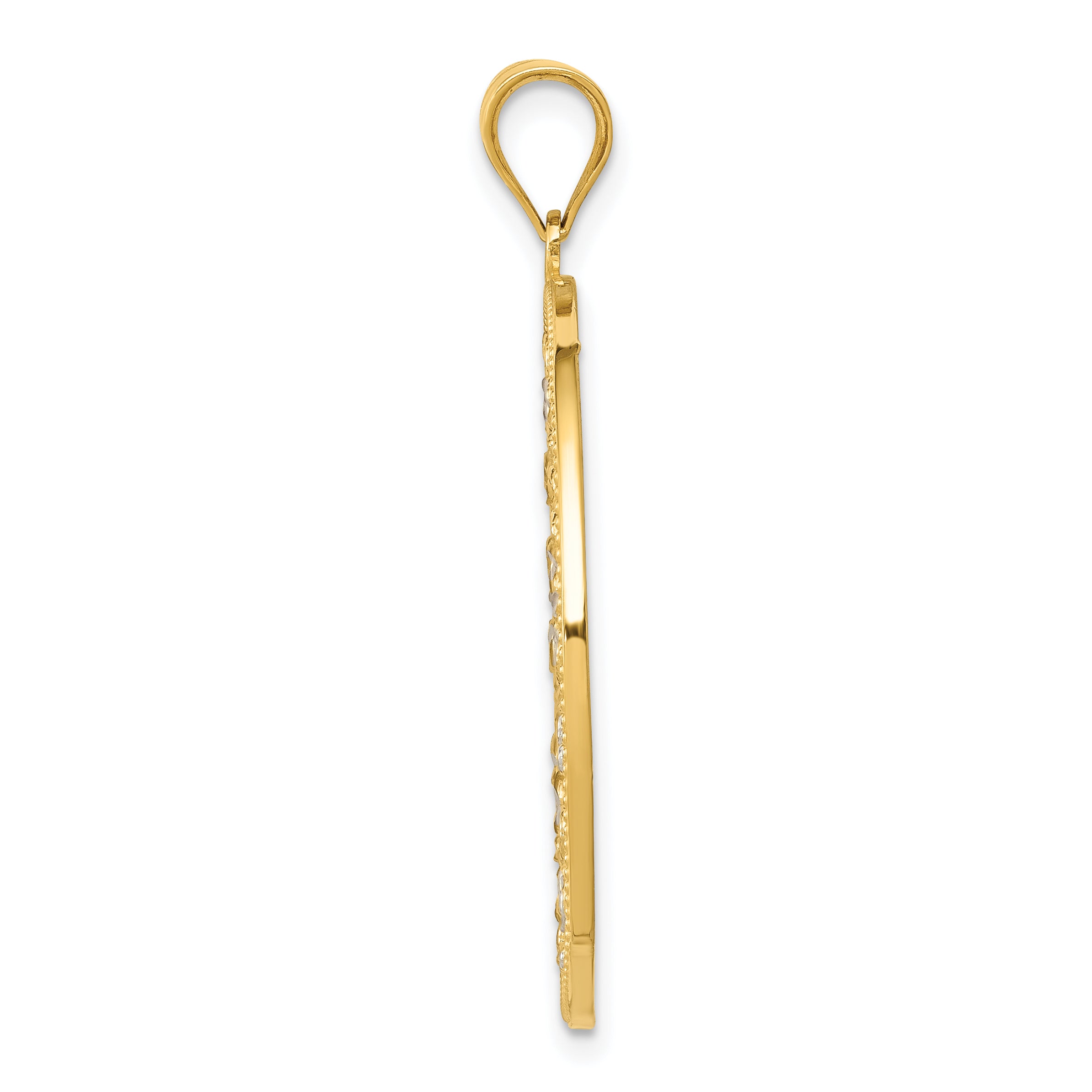 14K Gold and Rhodium Diamond-Cut Circle Pendant, Elegant Textured Design