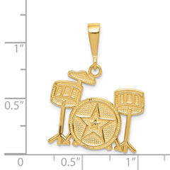 14K Gold Drum Set Charm with Polished Finish  Men's Textured Pendant