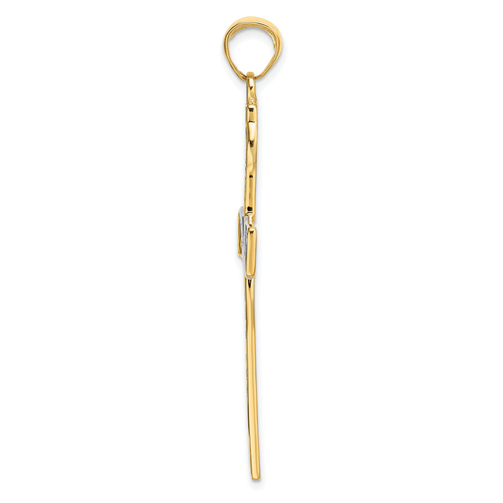 14K Gold & Rhodium Faith Hope Love Believe Cross Pendant  Polished Solid Design