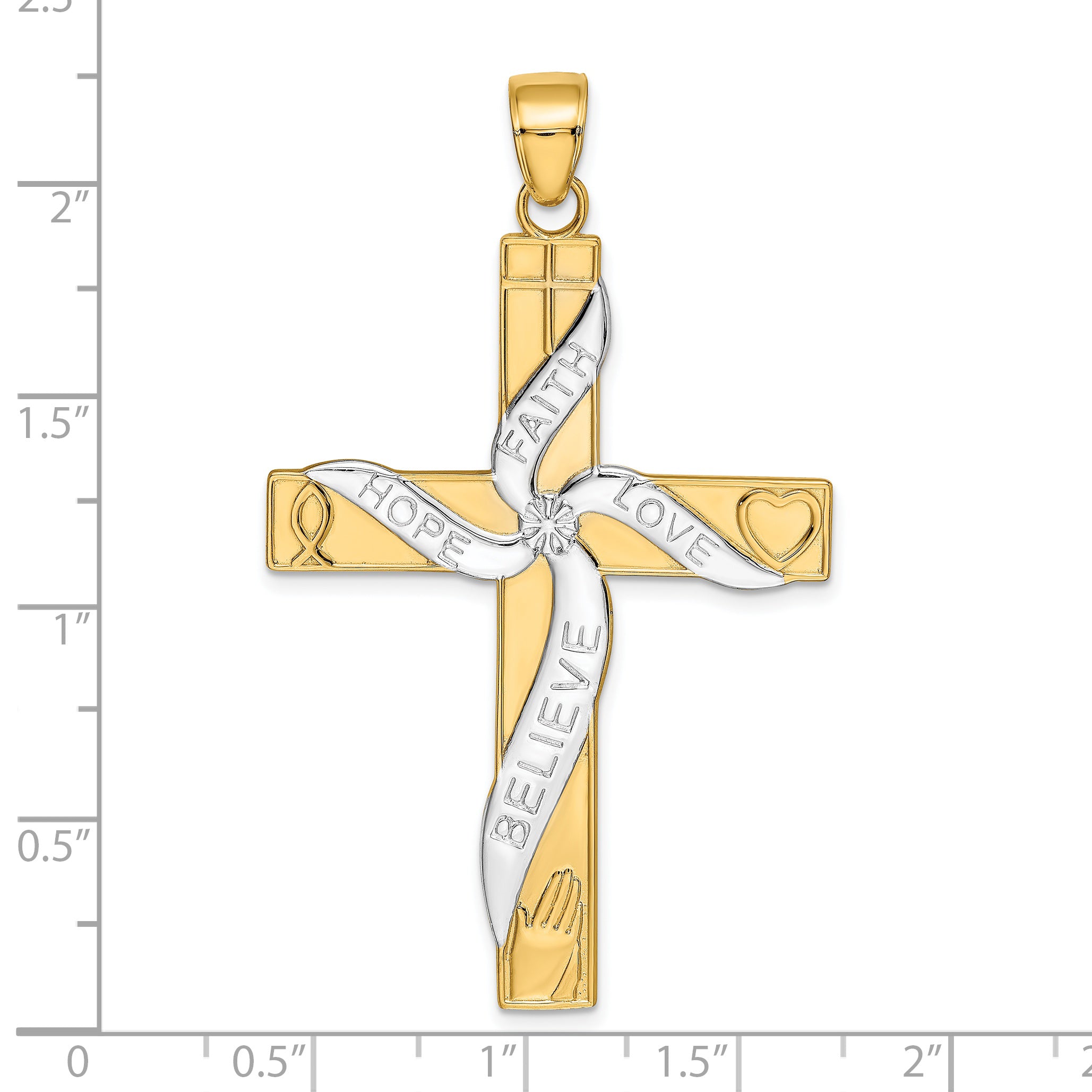 14K Gold & Rhodium Faith Hope Love Believe Cross Pendant  Polished Solid Design