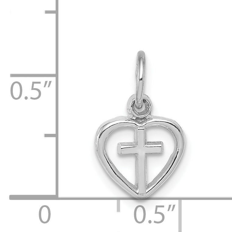 14K White Gold Cross in Heart Charm with Polished Rhodium Finish