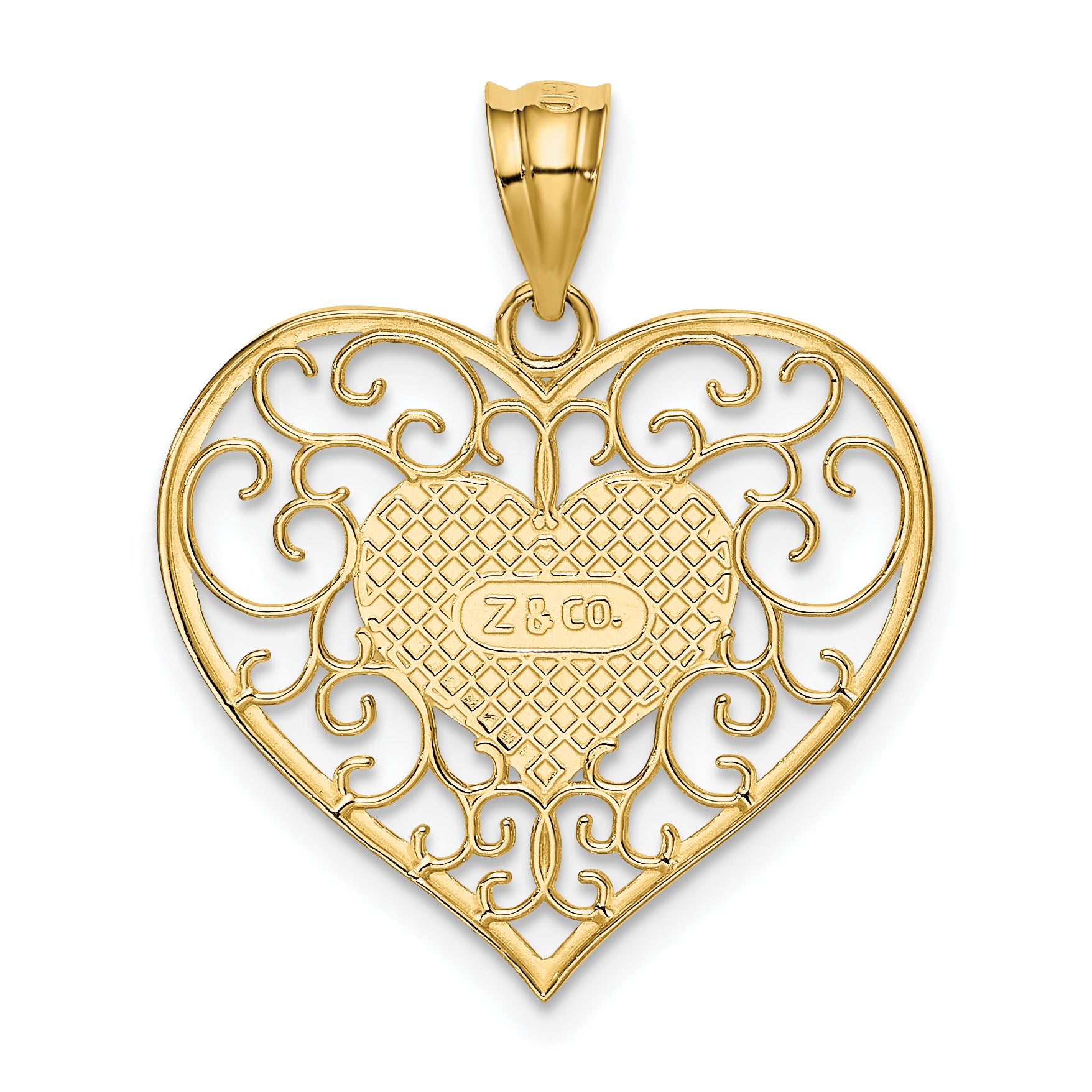 14K Gold Polished Filigree Heart Pendant with Textured Back